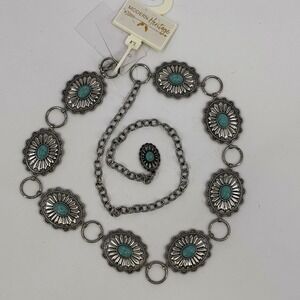Western Modern Heritage Chain Belt Women S/M Silver Turquoise Concho Boho New